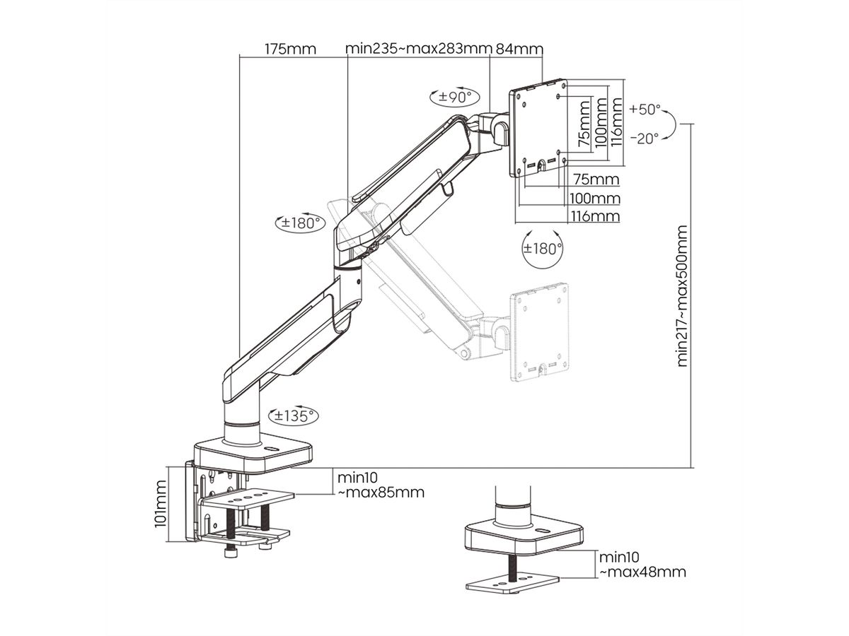 ROLINE Support LCD à gaz, fonction pivot, 5 axes de rotation, max. 20 kg