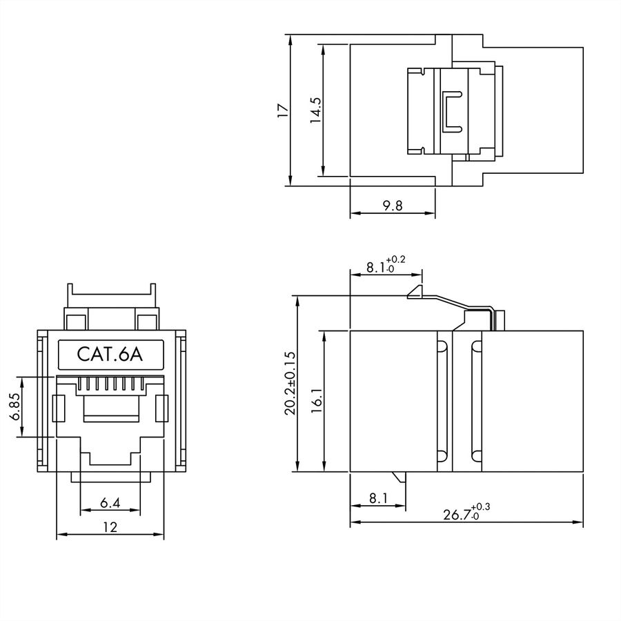 VALUE Coupleur Keystone RJ45, Cat.6A (Classe EA), blindé, court, argent