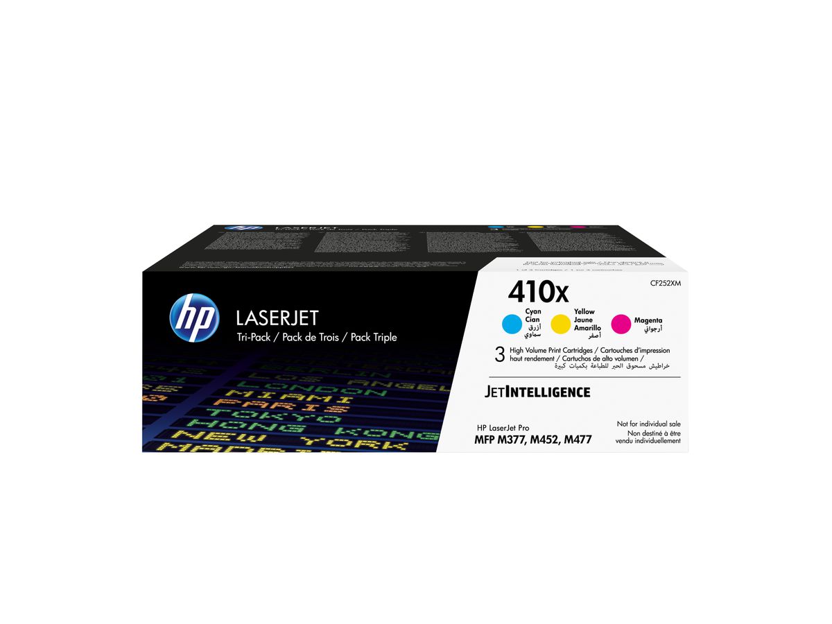 HP 410XLaserJet, lot de 3 cartouches de toner grande capacité authentiques, cyan/magenta/jaune