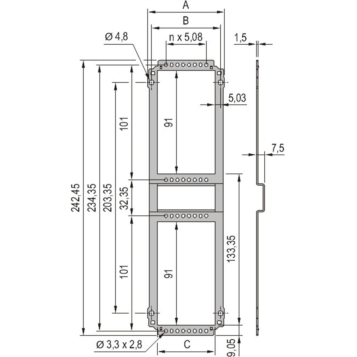Unité enfichable de type cadre SCHROFF, panneau arrière, découpe pour connecteurs multiples, 6 U, 10 HP