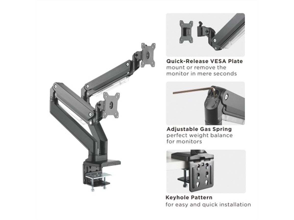ROLINE Support double LCD à gaz, 5 axes de rotation, , max. 15 kg, jusqu'à 35 pouces