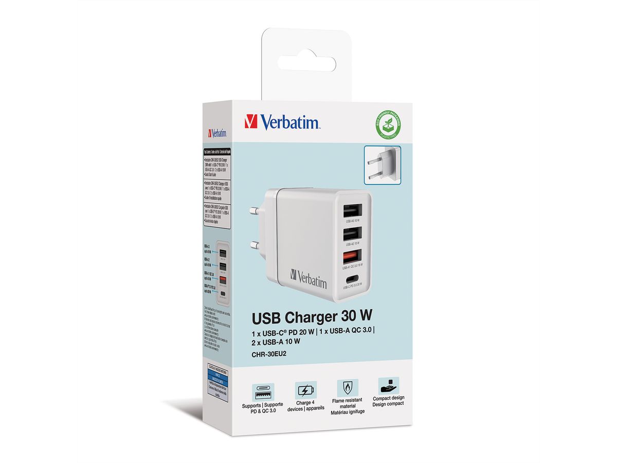 VERBATIM Chargeur USB mural 4 ports 30 W blanc