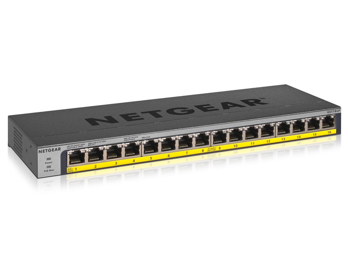 Netgear GS116LP Non-géré Gigabit Ethernet (10/100/1000) Noir Connexion Ethernet, supportant l'alimentation via ce port (PoE)
