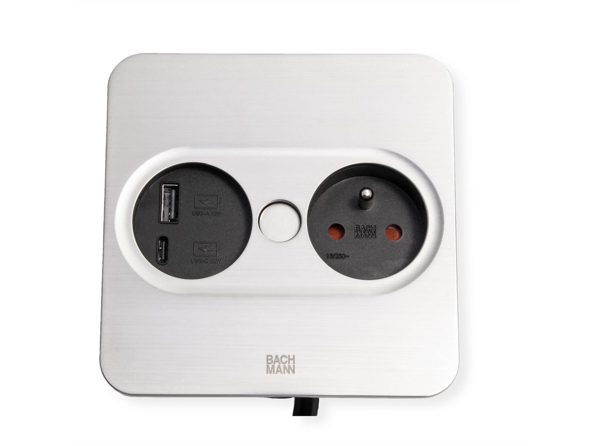 BACHMANN TWIST 2 1xUTE 1xUSB A/C 22W 2,0m AEH aspect inox carré, Mesure p.Sd.3m H05VV-F 3G4 CEE16A LAN