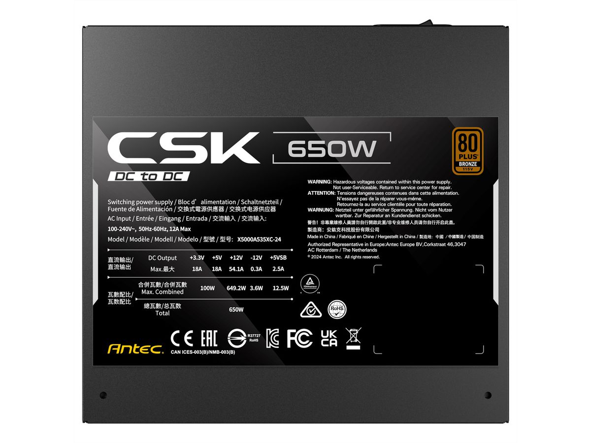 ANTEC CSK650DC Bloc d'alimentation PC 650W compatible ATX 2.52, noir