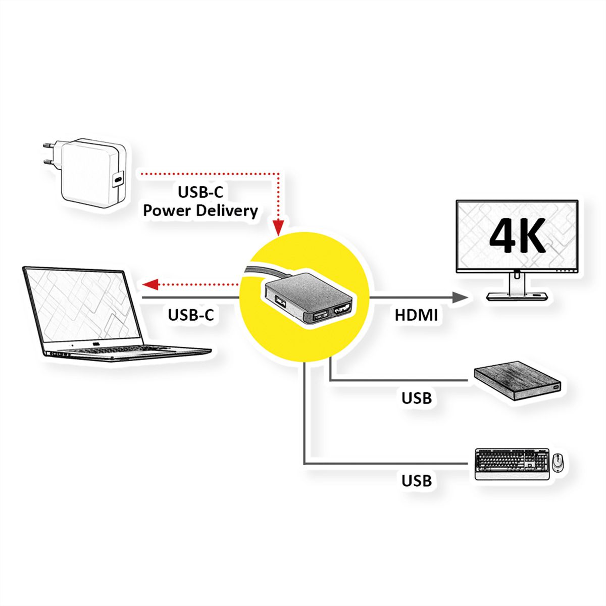 ROLINE GOLD Station d'accueil USB-C, 4K HDMI, 2 ports USB 3.2 Gen 1, 1x USB type C PD (Power Delivery)