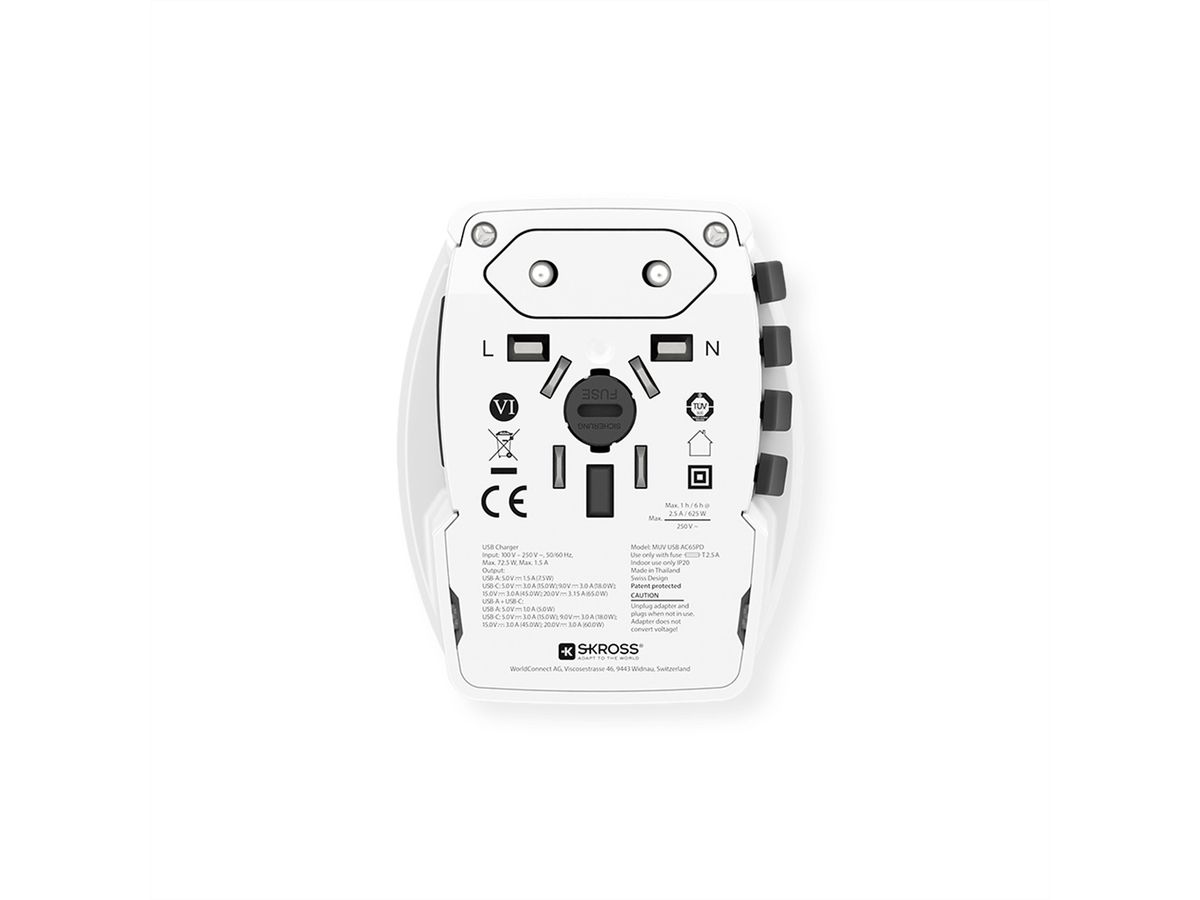 SKROSS Adaptateur de voyage MUV USB A/C 65PD avec câble USB-C, monde