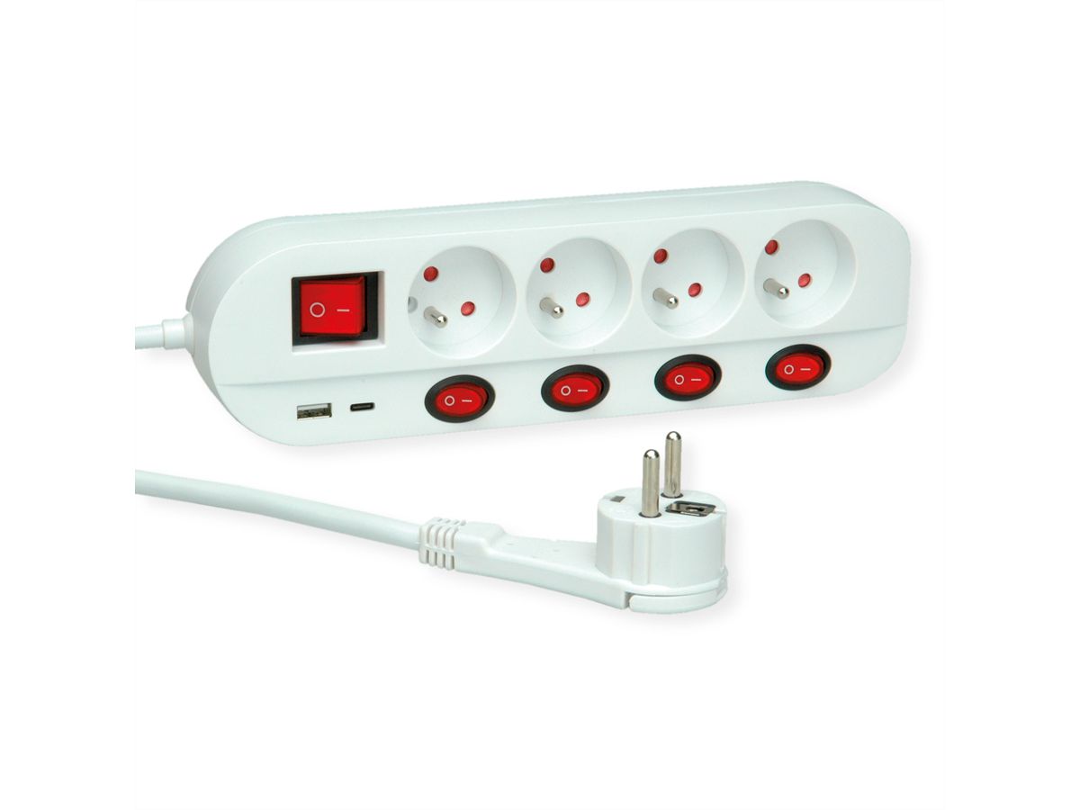 ROLINE Prise multiple, 4x avec interrupteur, Fast Charger, 1x USB A+C, 3 m