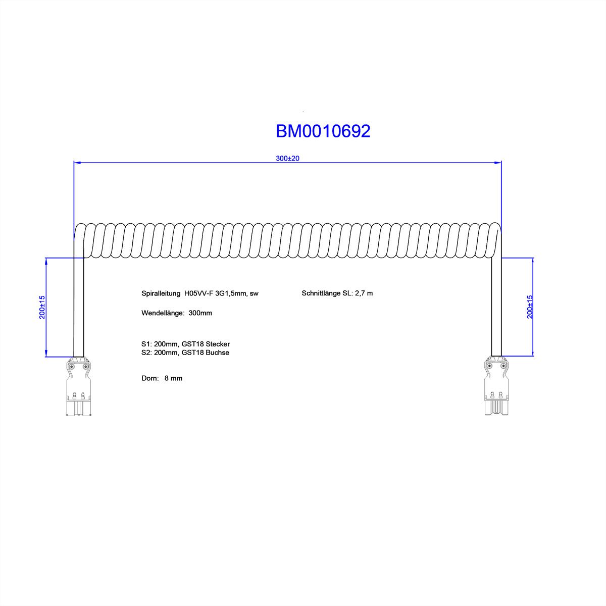 BACHMANN Câble spiralé H05VV-F 3 x 1,5 mm² L : 0,3 m noir ISV