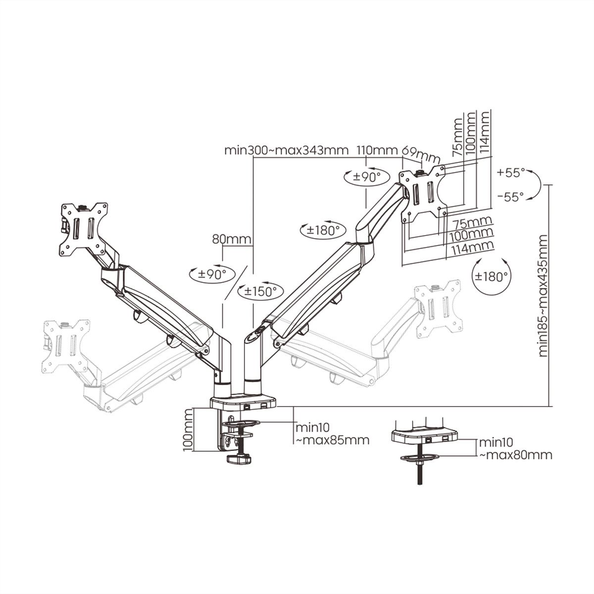 VALUE Bras double LCD, fixation sur bureau, vérin à gaz, 6 articulations