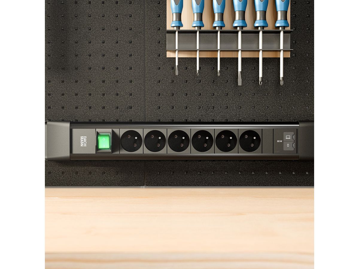 BACHMANN CONNECTUS 6xUTE 1xinterrupteur, 1xUSB C/C 65W L=2,0m CEE7/7 noir