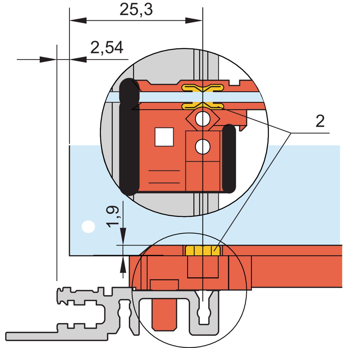 Accessoire pour rail de guidage SCHROFF, PC, 220 mm, 2 mm de largeur de rainure, rouge, 10 pièces