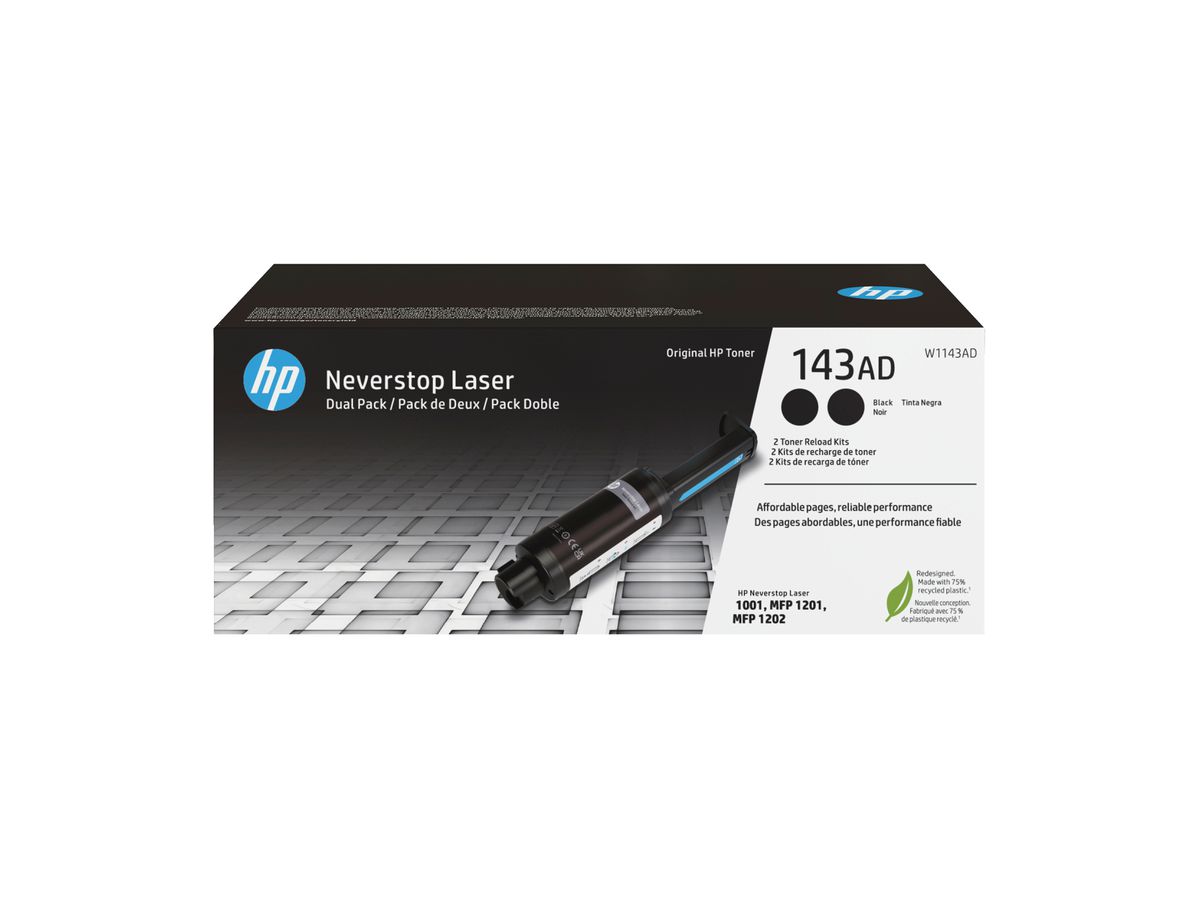 HP Kit de recharge de toner noir Neverstop authentique 143AD (double pack)
