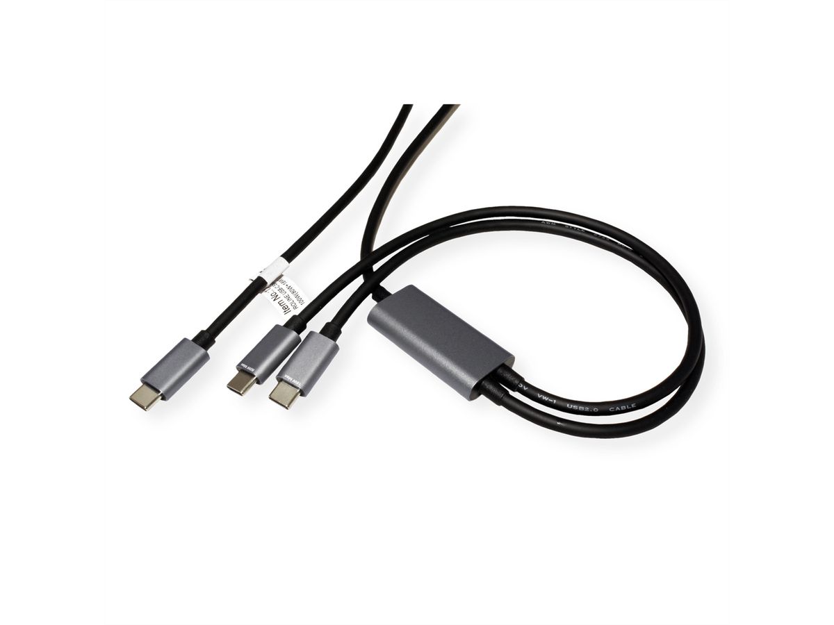 ROLINE Câble de chargement USB2.0 Y - Splitter, Type C vers 2x C, M/M, max. 100W, noir, 1,85 m