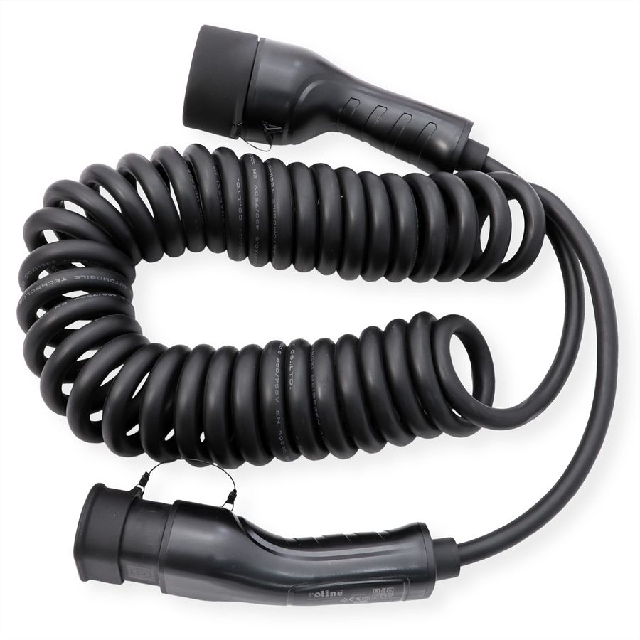 ROLINE Câble de recharge VE type2, 1-Phase, 250VAC (1P+N+E), 32 A, 7,4 kW, spirale (max. 5m)