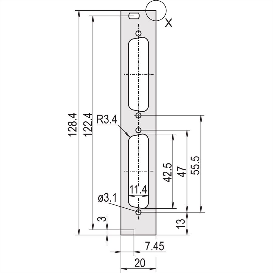 SCHROFF Face avant, plate, non blindée, découpe Sub-D, 3 U, 4 HP, 2 x 25 broches, 2,5 mm, alu, anodisé avant, conducteur arrière
