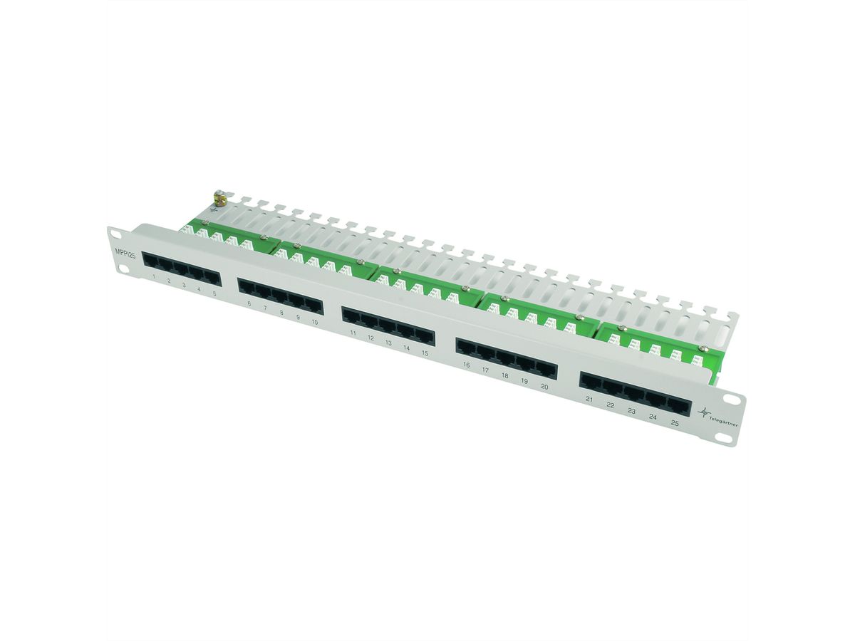 TELEGÄRTNER Panneau de brassage 19", RNIS/TÉL, 1U, MPPI25-H Cat.3 non blindé, RAL 7035