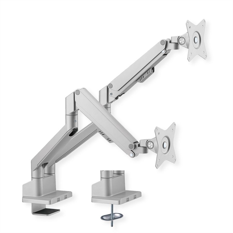 ROLINE Support double LCD, fixation sur bureau, vérin à gaz, 5 articulations, 17-23", jusqu'à 2x 9 kg, argent