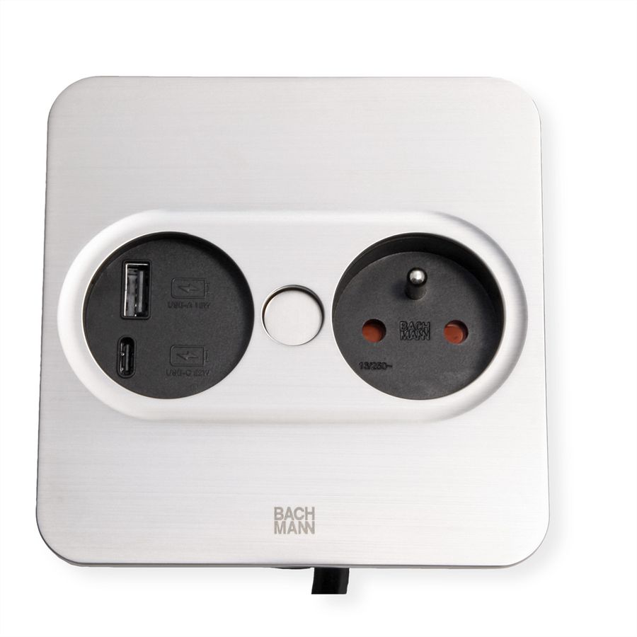 BACHMANN TWIST 2 1xUTE 1xUSB A/C 22W 2,0m AEH aspect inox carré, Mesure p.Sd.3m H05VV-F 3G4 CEE16A LAN