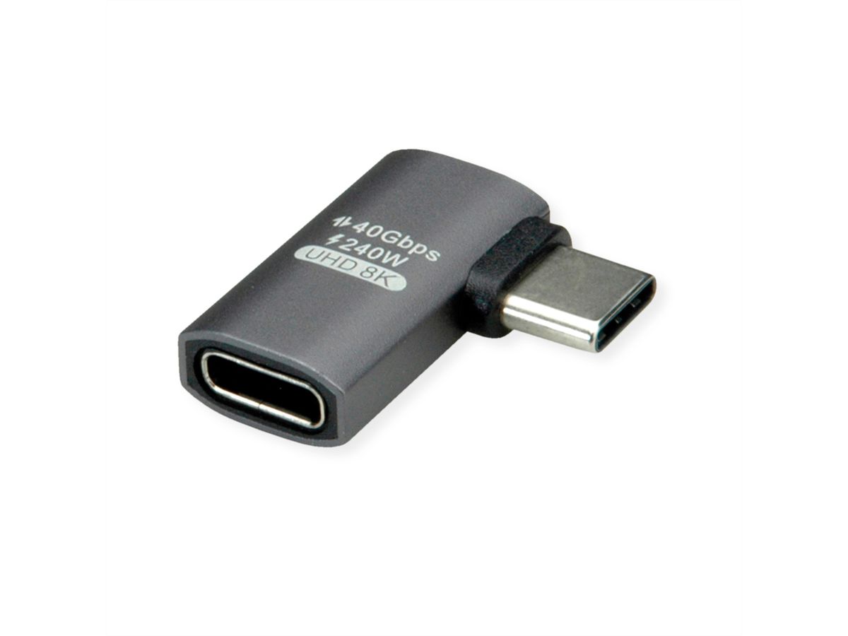 ROLINE Adaptateur USB4 Gen 3x2, Aluminium, coudé à 90°, plat, Type C, M/F, argent