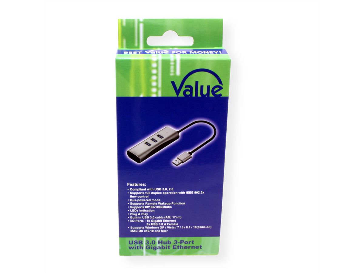 VALUE Convertisseur USB 3.2 Gen 1 - Gigabit Ethernet +Hub 3x