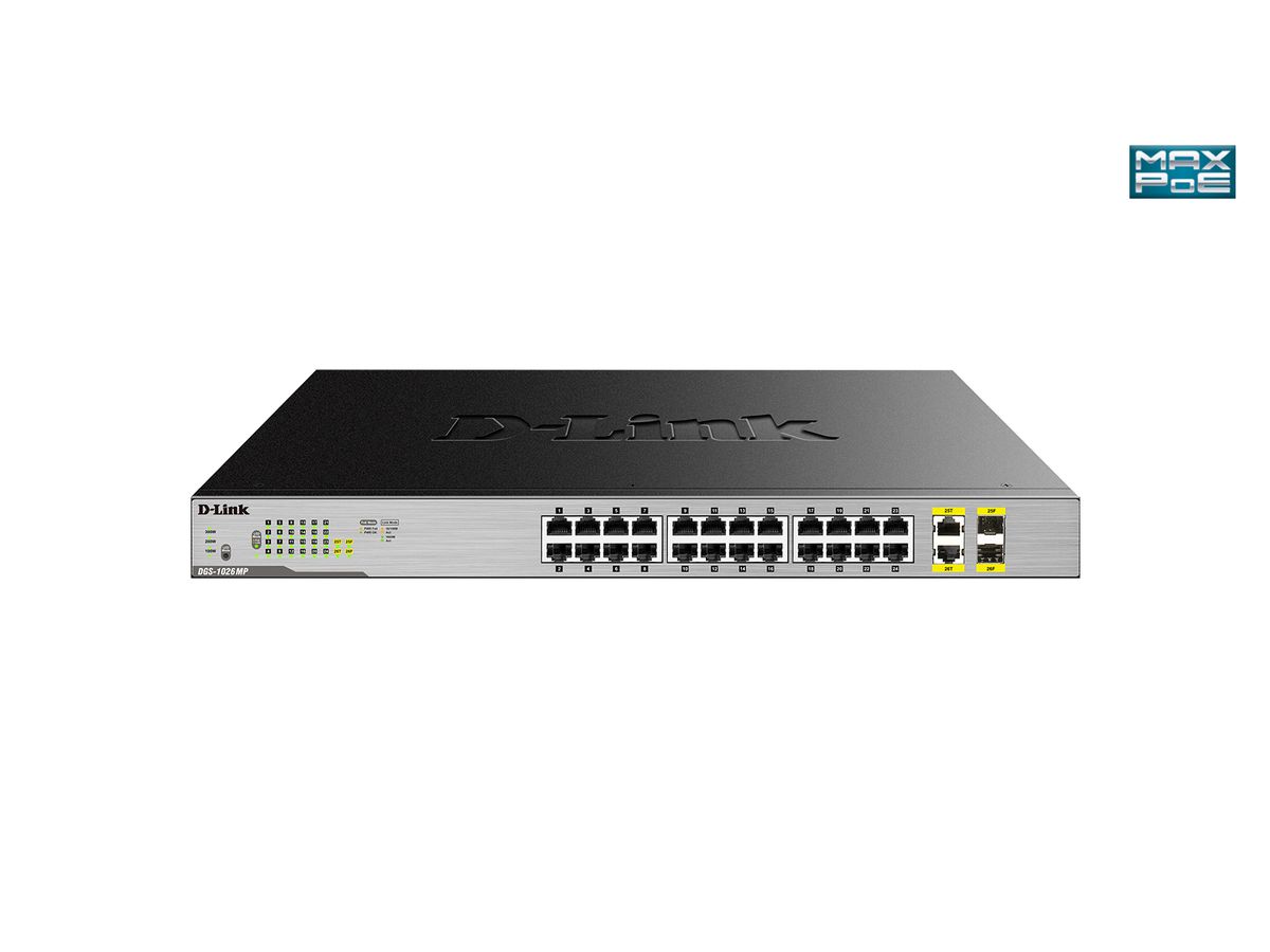 D-Link DGS-1026MP commutateur réseau Non-géré Gigabit Ethernet (10/100/1000) Connexion Ethernet, supportant l'alimentation via ce port (PoE) Noir, Gris