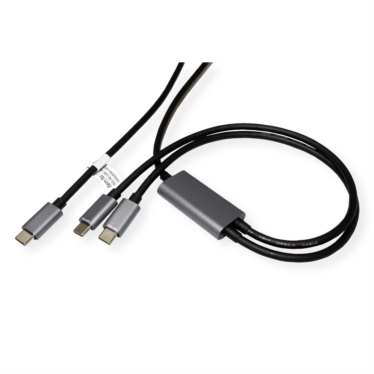 ROLINE Câble de chargement USB2.0 Y - Splitter, Type C vers 2x C, M/M, max.  100W, noir, 1,85 m - SECOMP France