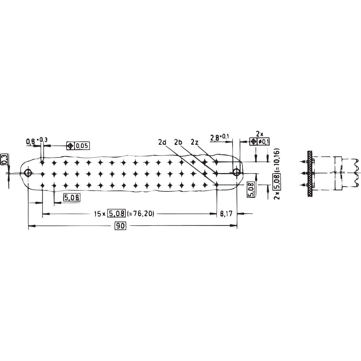 Connecteur SCHROFF Type F, EN 60603, DIN 41612, Femelle, 32 contacts z d, Oeillets à souder, 9.5 mm