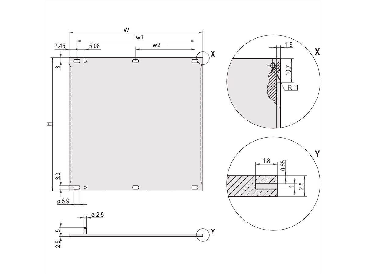 SCHROFF Face avant, Refrofit Shielding, 3 U, 12 HP, 2,5 mm, alu, anodisé, bords non traités