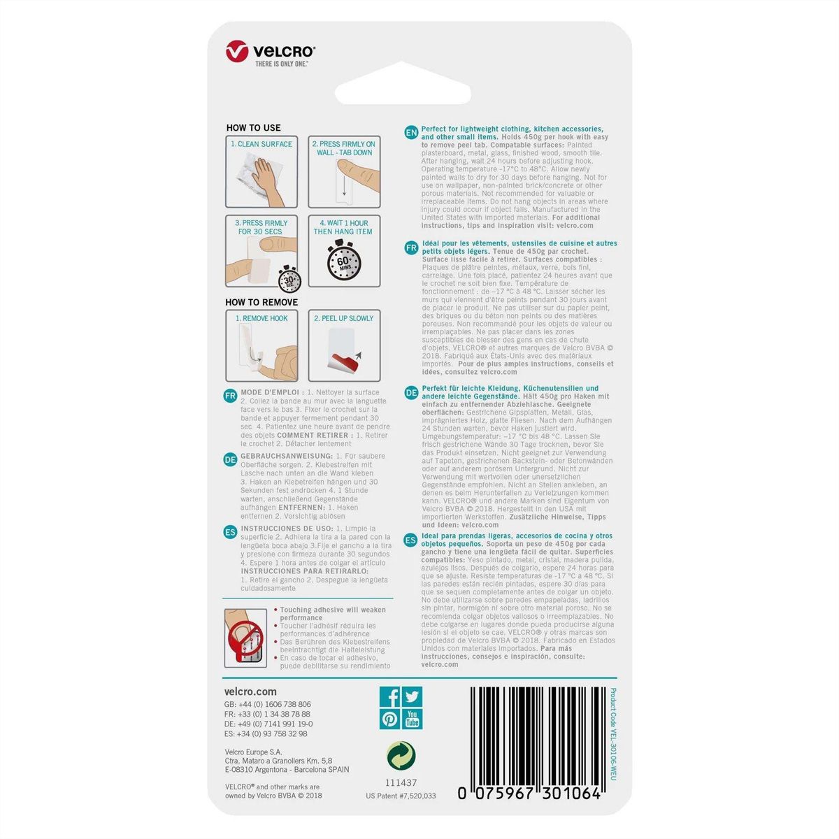 VELCRO® HANGables Petits crochets adhésifs 450 g, 2 pièces, amovibles, blancs