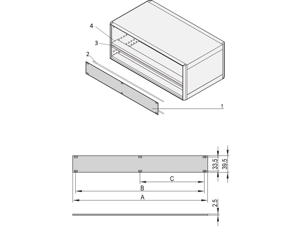 SCHROFF Face avant 1 U, 84 HP, Montage sur rail horizontal, 2,5 mm, alu, anodisé avant, conducteur arrière