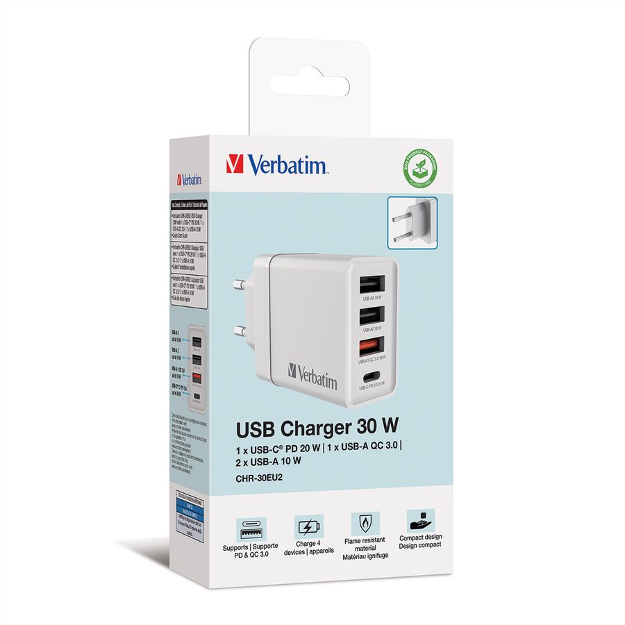 VERBATIM Chargeur USB mural 4 ports 30 W blanc
