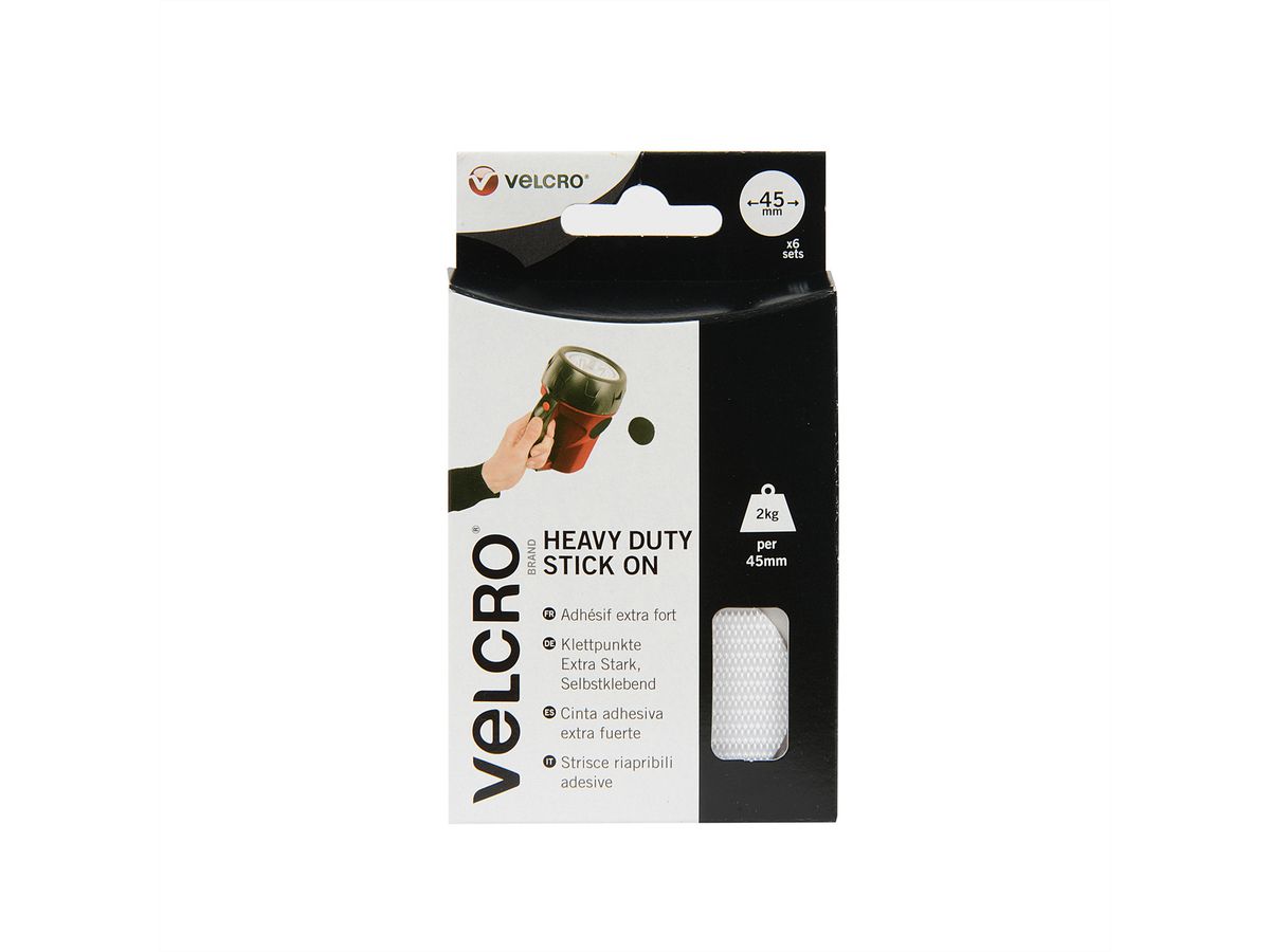 VELCRO® Boutons ronds 45mm x 6 blancs, crochets&velours autocollants extra fort