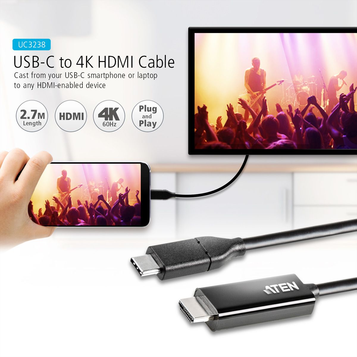 ATEN UC3238 Convertisseur USB-C à HDMI 4K, 2,7 m