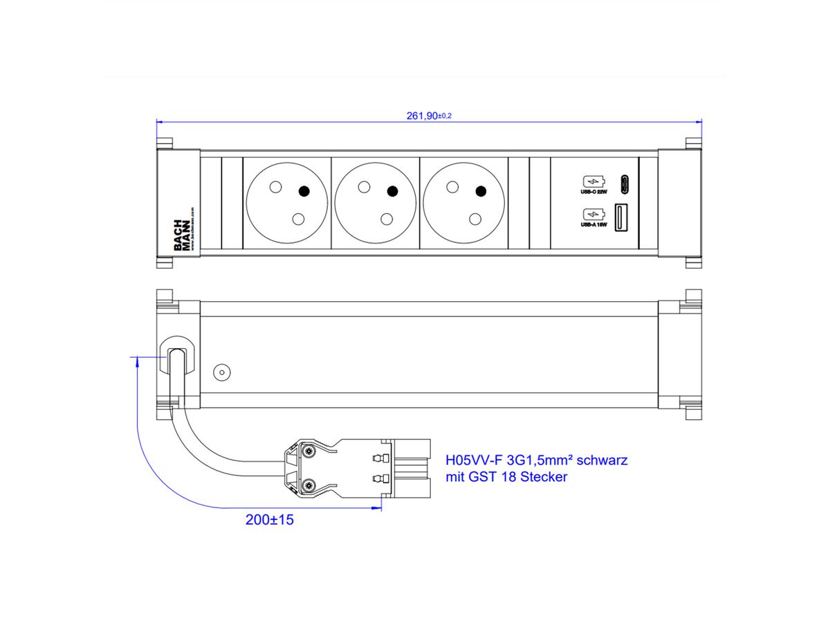 BACHMANN POWER FRAME M 3xUTE 1xUSB A&C 22W 0,2m GST18