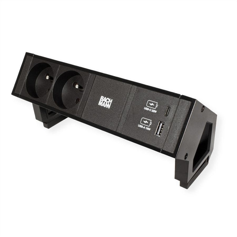 BACHMANN DESK 2 Bloc multiprise 2x UTE, 1x USB A&C 22W, noir, 0,2 m