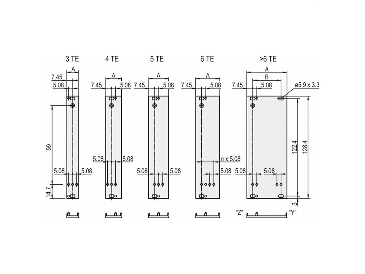 SCHROFF Plug-In Unit U-Profile Face avant pour poignée trapézoïdale statique, 3 U, 5 CV, 2,5 mm, alu, anodisé avant, conducteur arrière