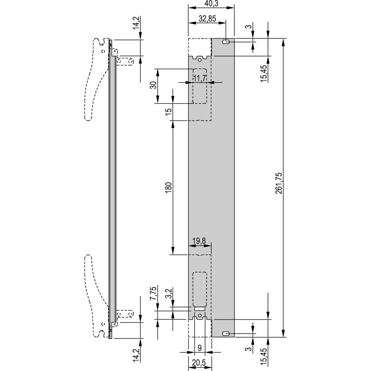 SCHROFF Plug-In Unit U-Profile Face avant pour poignée XL, compatible micro-interrupteur, 6 U, 8 CV, 2,5 mm, alu, anodisé frontal, conducteur arrière
