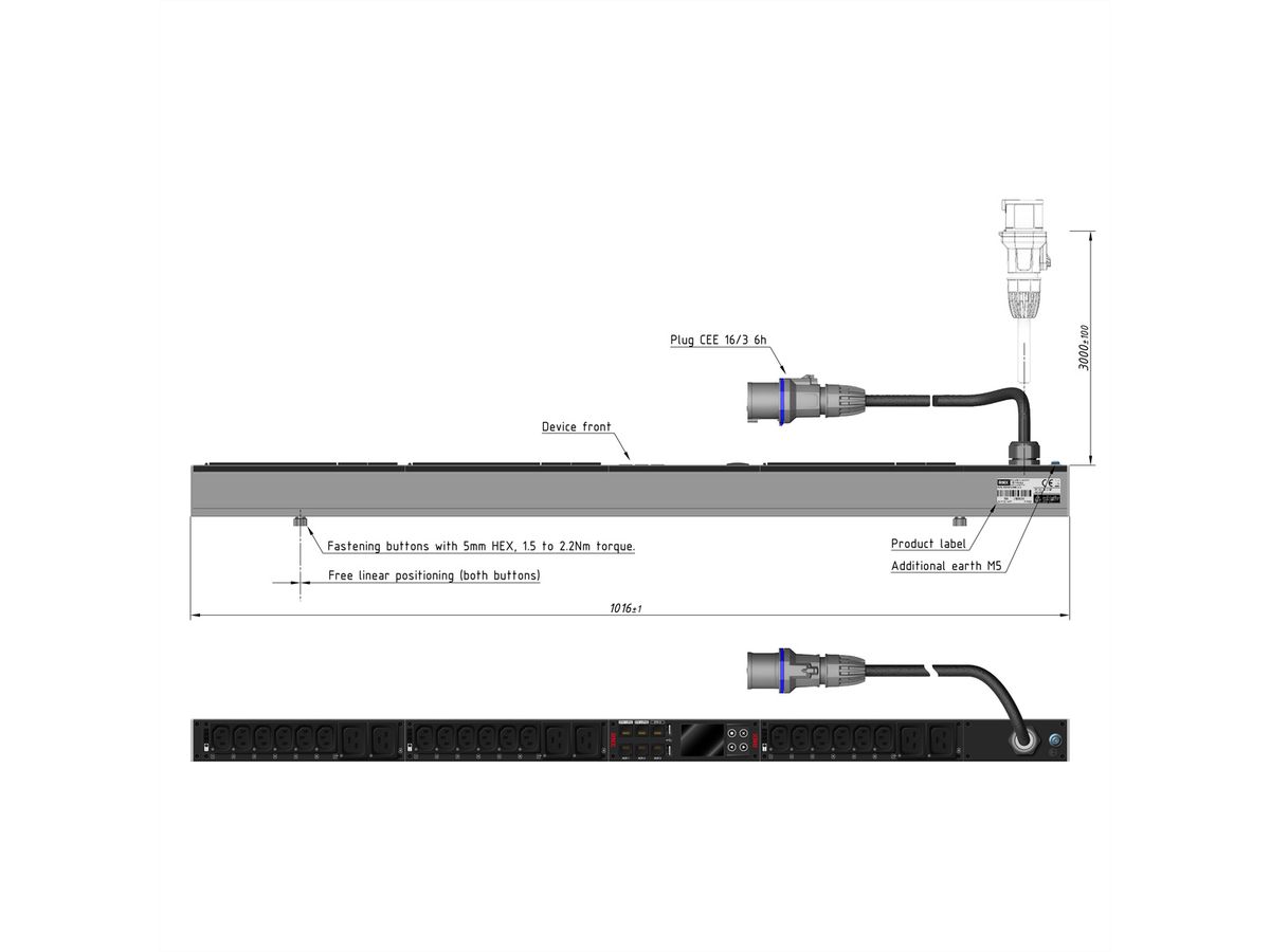 BACHMANN RNX UPDU M/M 18xC13 6xC19 noir, 3,0m CEE 16A