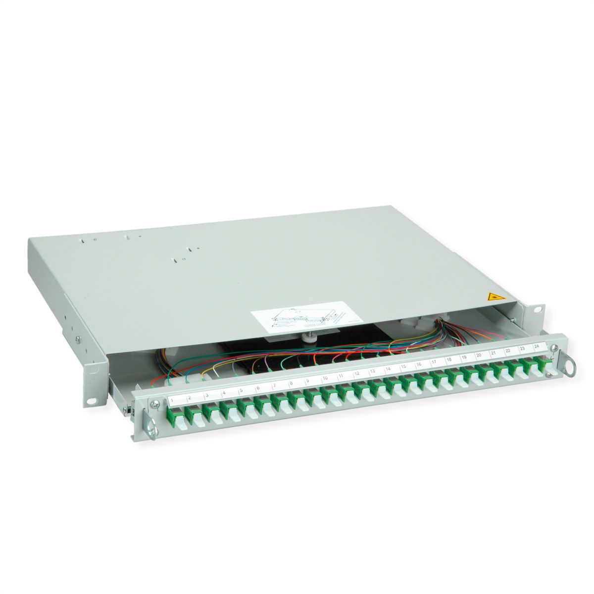 TELEGÄRTNER PROFI V Panneau FO avec coupleurs et pigtails, 24x E2000, vert, OS2 APC, Grade B