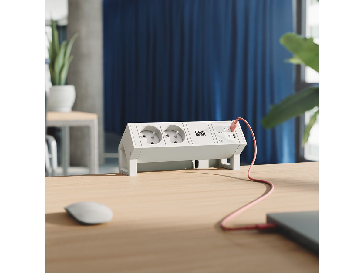 BACHMANN DESK2 blanc 2xUTE, 1xUSB C/C 65W L=0,2m RAL9010