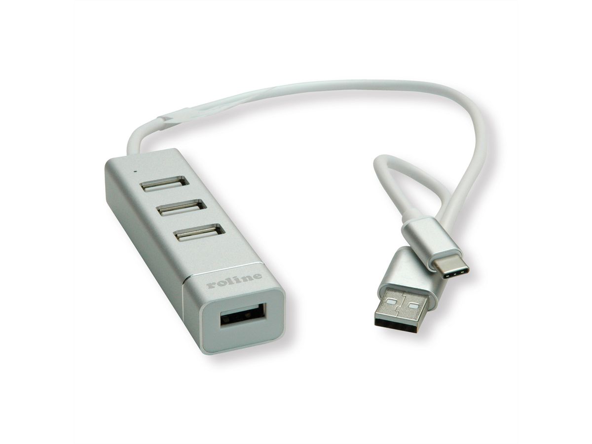 ROLINE Hub USB 2.0 pour portables, 4 ports, câble de raccordement type A+C