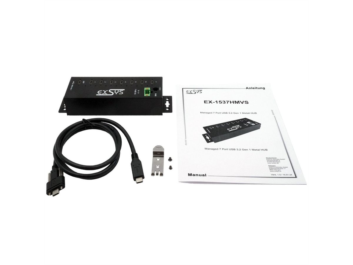 EXSYS EX-1537HMVS Hub USB-C 3.2 Gen 1 métallique à 7 ports, avec protection contre les surtensions EDS 15 kV