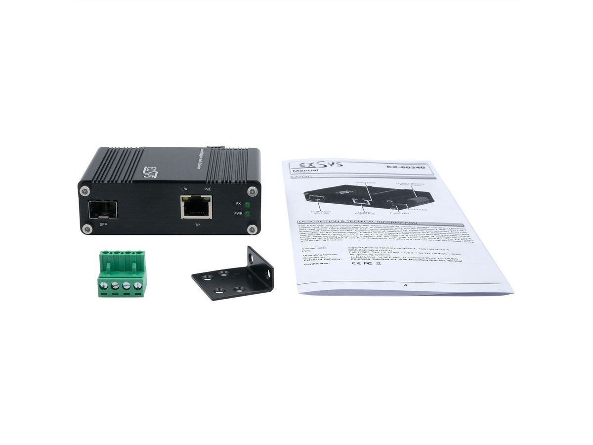EXSYS EX-60340 Convertisseur de média industriel 60 W SFP, -40 °C à +75 °C