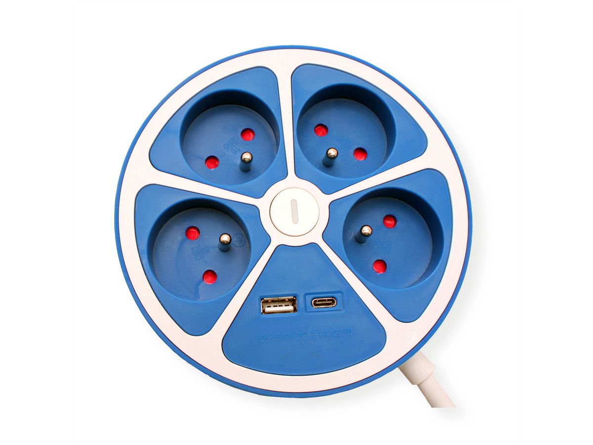 ROLINE Prise multiple, 4 ports avec interrupteur, rond, Version UTE, Fast Charger, 1x USB A+C, bleu, 1,5 m