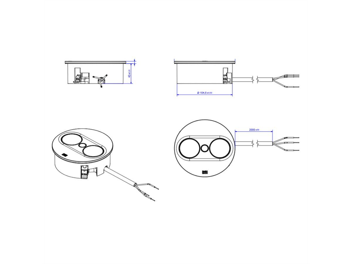 BACHMANN TWIST 2 1xUTE 1xUSB A/C 22W 2,0m AEH aspect inox rond, Mesure p.Sd. H05VV-F 3G2,5 CEE3x16A LAN