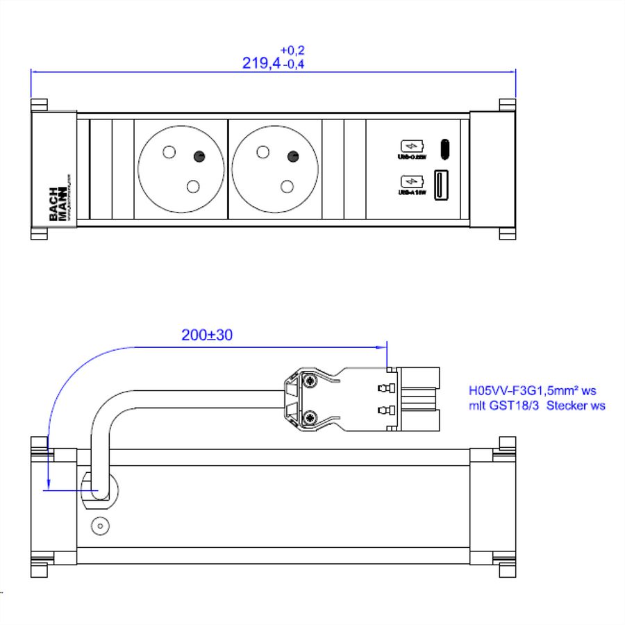 BACHMANN POWER FRAME 2xUTE 1xUSB A/C 22W 0,2m GST18