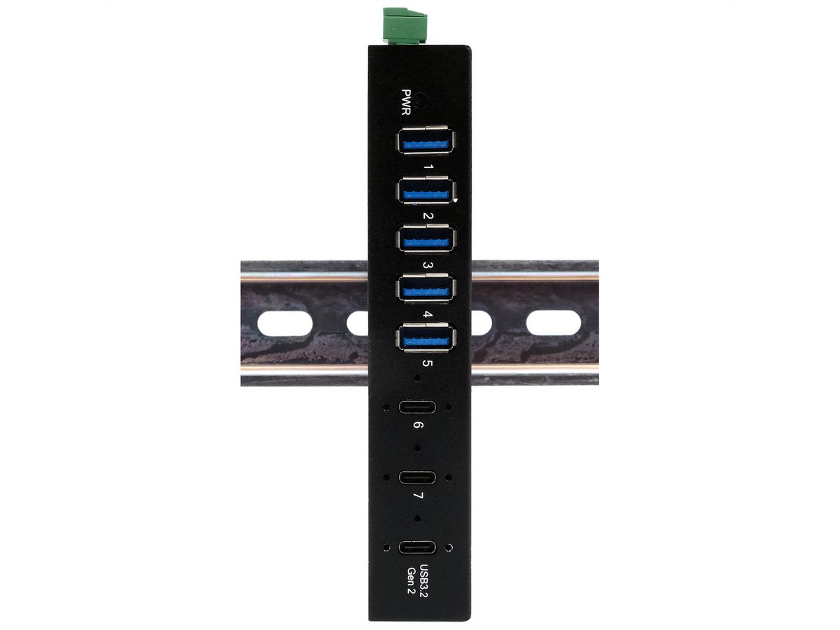 EXSYS EX-12297HMS HUB métallique 7 ports USB 3.2 Gen 2x1, 2x USB-C et 5x USB-A 3.2 Gen 1, pour table, mur et rail DIN