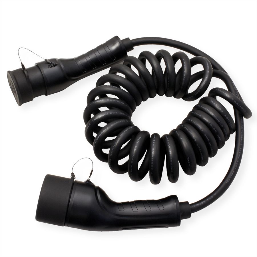 ROLINE Câble de recharge VE type2, 1-Phase, 250VAC (1P+N+E), 32 A, 7,4 kW, spirale (max. 3m)