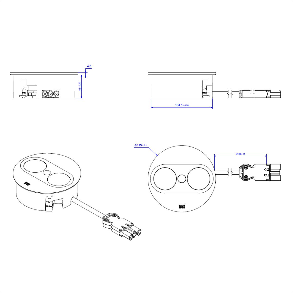 BACHMANN TWIST 2 1xUTE 1xUSB A/C 22W 0,2m GST18 argent rond, Mess.p.Ph. 5G2,5 CEE3x16A Lan Commutation p.D.